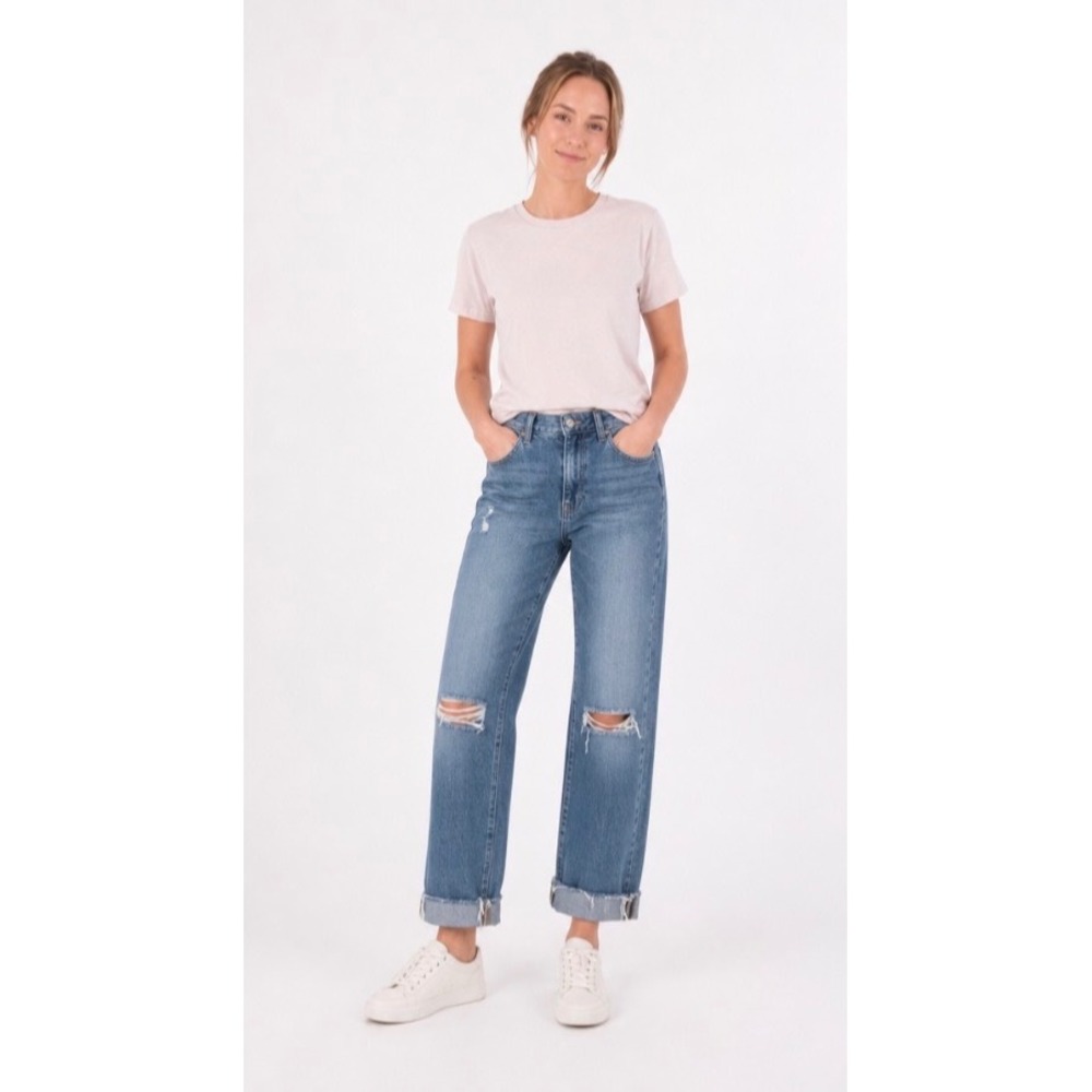 Women's Hidden Distressed Blue Denim Jeans - Classic Cropped Straight Fit 27